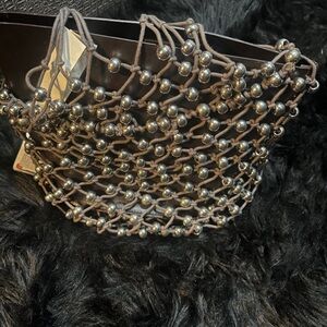 Silver Beaded Net & Leather Bucket Purse